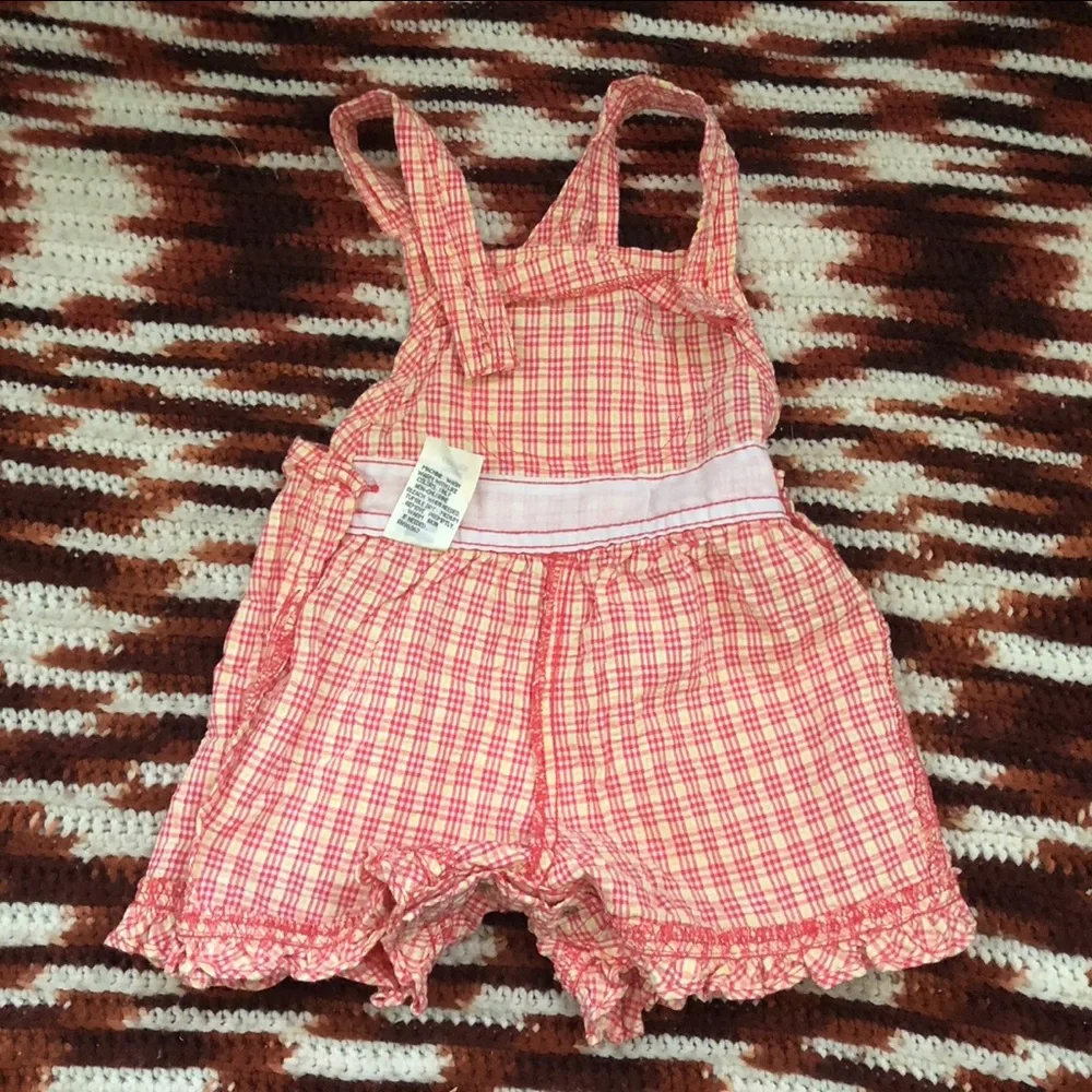 VTG RARE OshKosh B'gosh Pink Gingham Ruffle Strawberry Baby Overalls 12M HTF USA